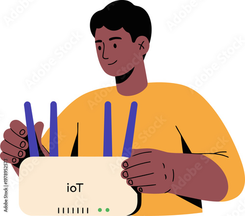 A young man connects an IoT safety sensor to a gateway, showcasing smart home technology. Modern illustration style, bright colors, and a focused composition.