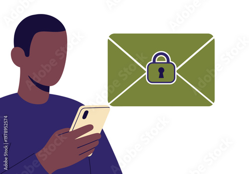 A man examines an encrypted message on his smartphone, emphasizing digital privacy and security. Modern, clean design with a focus on data protection.