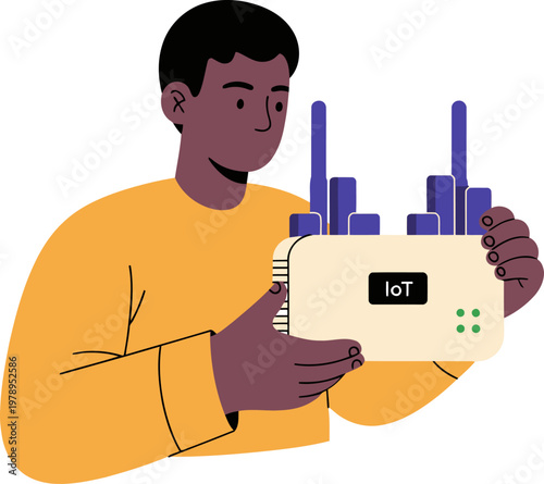 A young man holds an IoT gateway with safety sensors, showcasing smart city technology. Modern illustration style, vibrant colors, and a focus on connectivity.