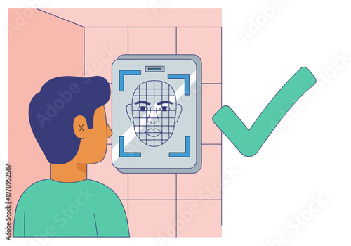 A young man is scanned by a face recognition system. The system confirms identity with a checkmark. Modern, digital privacy concept. Clean, bright background.