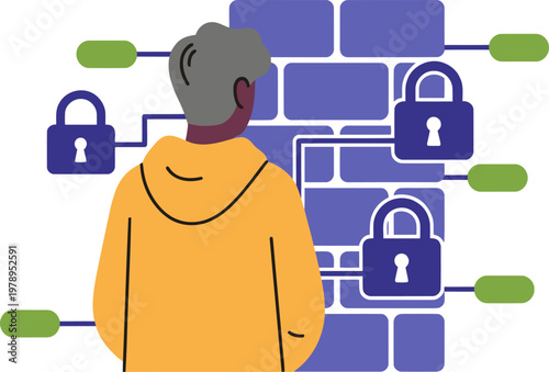 A man observes digital locks, symbolizing privacy protection. Modern illustration with a warm color palette. Ideal for digital security concepts.