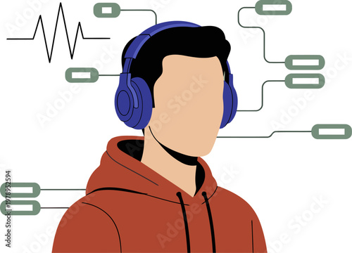A young man listens to music with headphones, surrounded by digital icons. Modern, illustrative style. Perfect for digital education concepts.