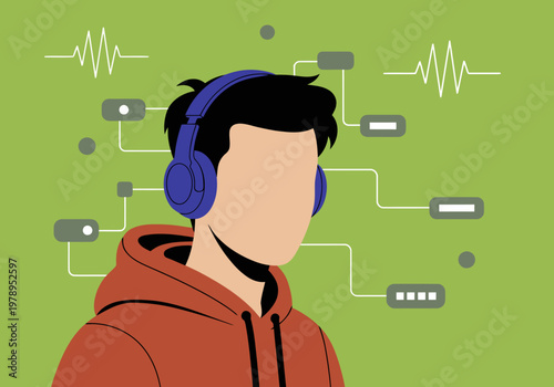 A young man listens to music with headphones, surrounded by digital icons. Modern, vibrant illustration for digital education and technology themes.