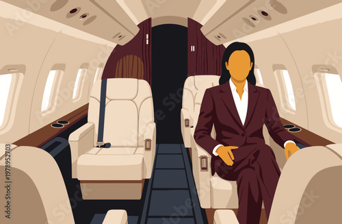A professional woman sits comfortably in a private jet's leather interior, exuding confidence and style. Clean lines and luxurious materials create a sophisticated atmosphere.