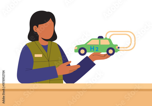 A female professional holds a hydrogen car model, showcasing the STEM project. Clean, modern illustration with a focus on innovation and technology.