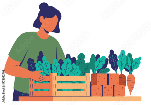 A female professional organizes organic produce in an organic store. Fresh vegetables and crates are displayed, creating a vibrant and healthy scene. Modern illustration style.