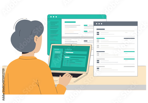 A professional woman updates an inventory web page, focused on a laptop screen. Clean, modern design with teal accents. Illustrative style.
