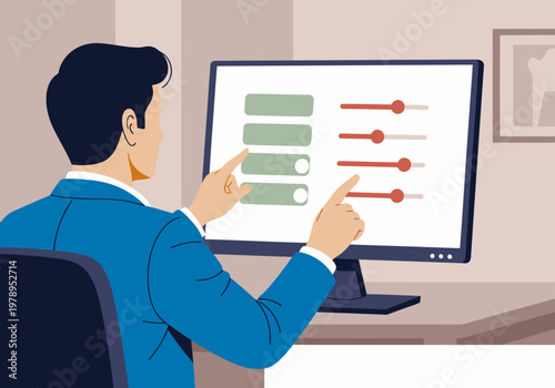 A professional man adjusts privacy settings on a computer screen. Modern office setting, focused action, clear composition. Suitable for business and technology themes.