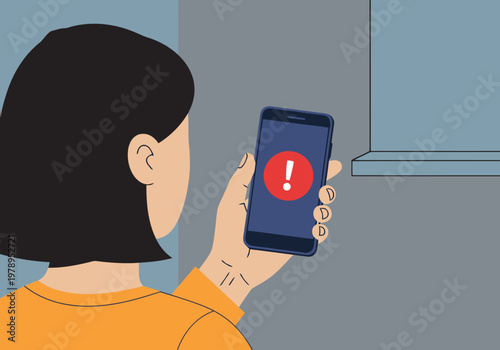 A young woman reacts to a phone notification displaying a child fall alert. The image uses a bold, graphic style with a bright color palette. Focus on the emotional response.