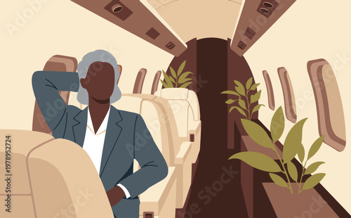 Relax in style! A professional enjoys the luxury of a private jet interior, complete with plants and comfortable seating. Perfect for business travel visuals.
