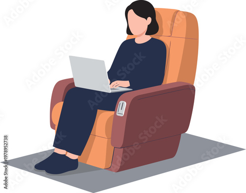 A woman relaxes in an executive jet seat, working on a laptop. Comfortable, modern, and stylish. Ideal for business or travel concepts.