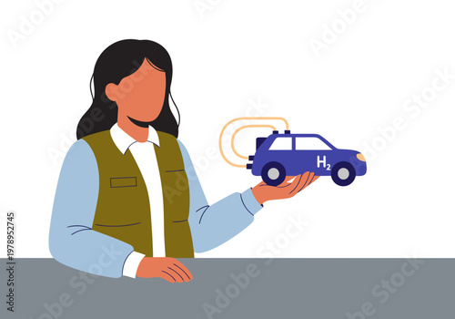 A female scientist presents a hydrogen car model, showcasing a STEM project. Clean, modern illustration with a focus on sustainable technology.