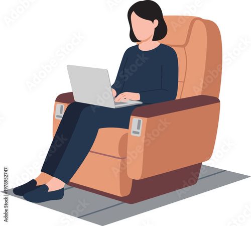 A woman relaxes in an executive jet seat, working on a laptop. Luxurious and comfortable, perfect for business or travel imagery.