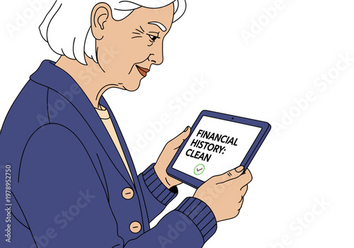 A senior woman reviews her financial history on a tablet, achieving a 'clean' status.  Illustrative, friendly, and reassuring.  Perfect for senior finance or aging well concepts.