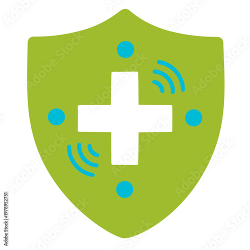 A shield icon with a plus sign and radiating waves symbolizes emergency response safety. Modern, clean design for digital use.