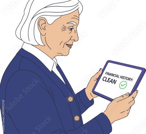 A senior woman with a clean financial history checks her tablet with a pleased expression.  Bright, modern illustration for senior finance services.