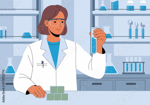 A female student examines a test tube in a science lab. She wears safety glasses and a lab coat, focused on research. Clean, modern lab setting.