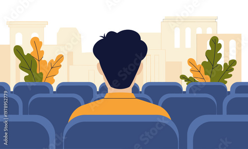 A student sits attentively in a lecture auditorium, watching a presentation. Modern illustration style, focusing on learning and education. Clean, bright, and inviting.