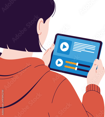 A young student watches an online learning video on a tablet. Focused and engaged, she?s a digital learner. Modern, bright, and educational.