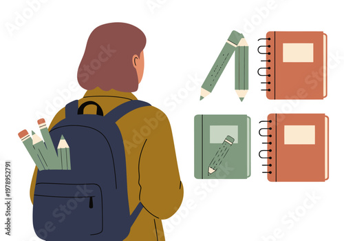 A stylish young woman prepares for school with a backpack, pencils, and notebooks. A modern, minimalist back-to-school illustration. Perfect for educational or stationery marketing.