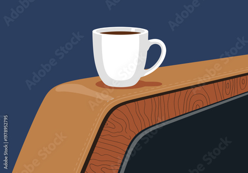 A stylish coffee leather console jet features a mug of coffee, showcasing a luxurious and modern aesthetic. Perfect for commercial use and design projects.