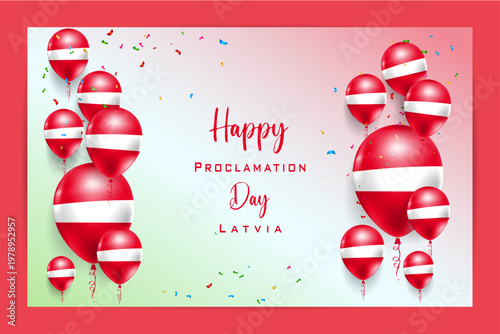 High quality 3D balloon flag card for Latvia Proclamation of the Republic, with bold national colors and festive elements, ideal for patriotic celebrations, events and promotional use.