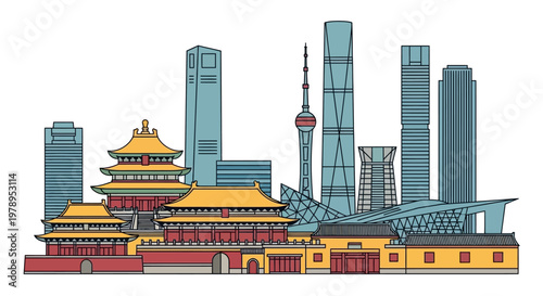 China Cityscape with Modern Skyscrapers and Traditional Architecture