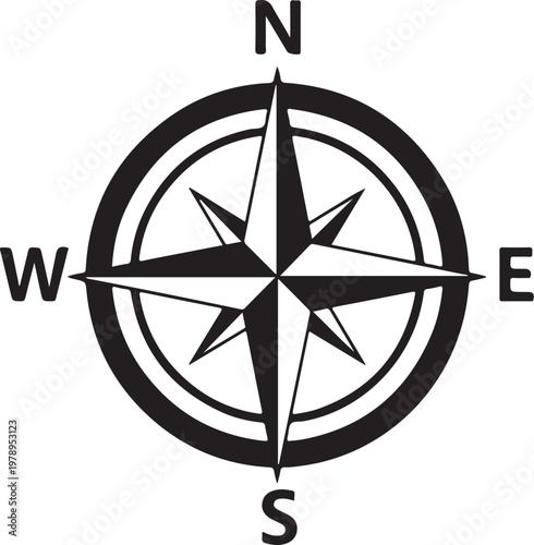 Black compass navigation icon, directional symbol, vector graphic, navigation tool
