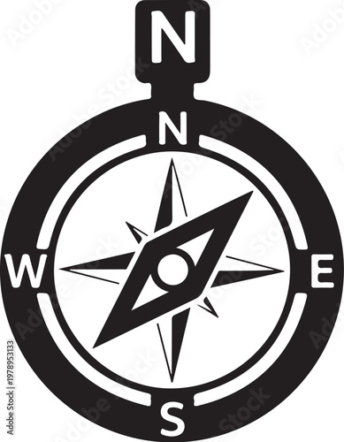 Black compass navigation icon, directional symbol, navigation tool, vector graphic