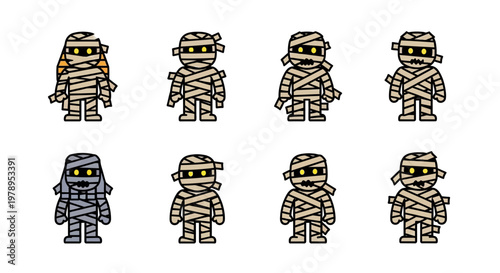 Set of Cute Cartoon Mummy Characters Vector Illustration