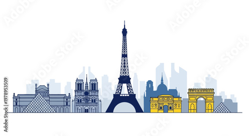 Paris France City Skyline with Famous Architectural Landmarks