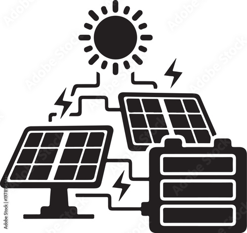 Solar panel, battery, and sun vector icon, renewable energy symbol, eco friendly power generation, sustainable electricity
