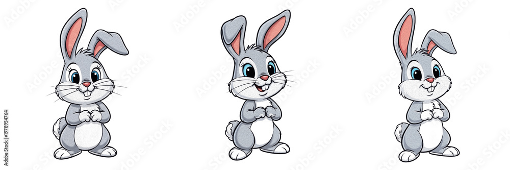 Fototapeta premium Cute Cartoon Grey Bunny Rabbit Characters Set In Three Different Poses Isolated On White Background