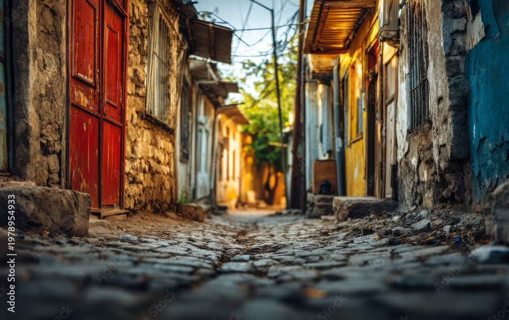 Fototapeta premium Peaceful Alleyway with Textured Walls Bathed in Soft Natural Light