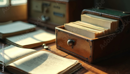 Vintage wooden rolodex with business cards sits on desk near open ledger book and papers. Old office supplies reflect sunlight. Information management concept.