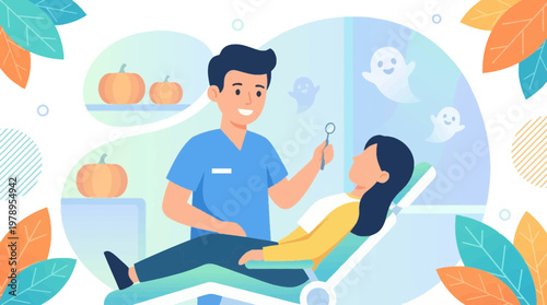 Flat Illustration of Dentist and Patient with Halloween Decorations