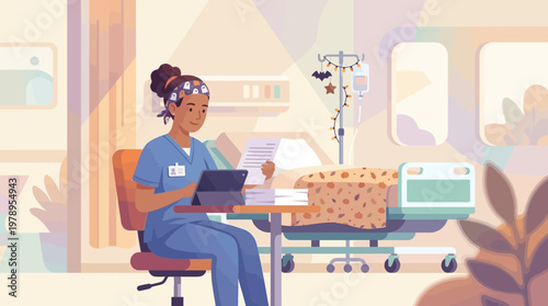 Nurse in Blue Scrubs Working with Tablet in Decorated Hospital Room