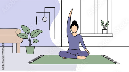 Yoga Meditation at Home Vector Illustration with Modern Interior and Abstract Elements