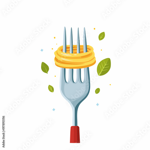 Colorful illustration of pasta wrapped around a fork with leaves and d