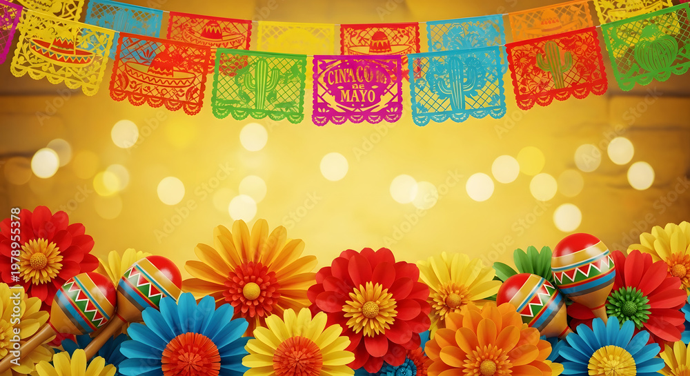 Fototapeta premium Festive Cinco de Mayo background with colorful paper flowers and maracas