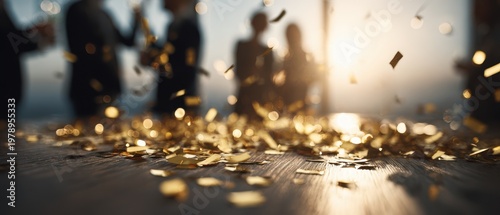 Golden confetti on table with blurred silhouettes of happy business colleagues celebrating corporate party in background