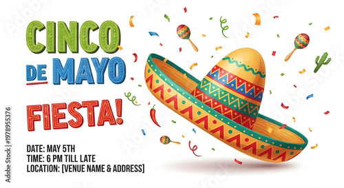 Cinco de Mayo fiesta celebration invitation with sombrero and confetti