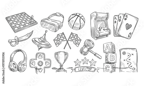 Board games doodles set hand drawn vector illustration sketch icons of cards dice and pawns checkers