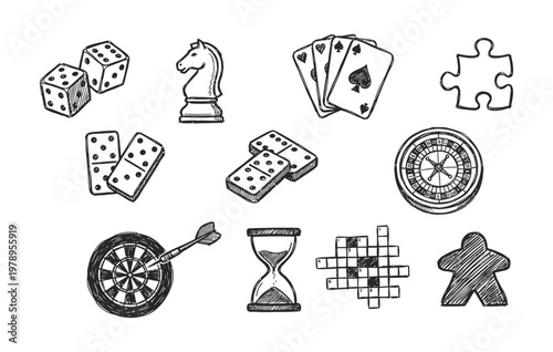 Board games doodles set hand drawn vector illustration sketch icons of cards dice and pawns checkers