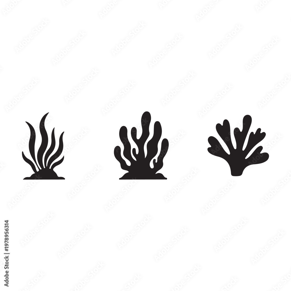 Fototapeta premium Seaweed Silhouettes and Coral Black Icons: Abstract Ocean Art Collection