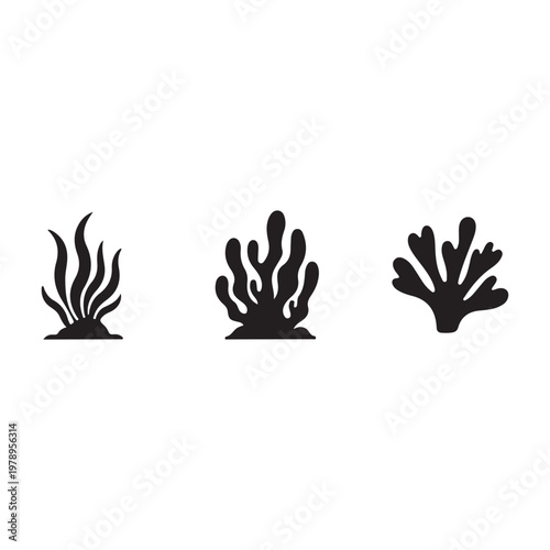 Seaweed Silhouettes and Coral Black Icons: Abstract Ocean Art Collection