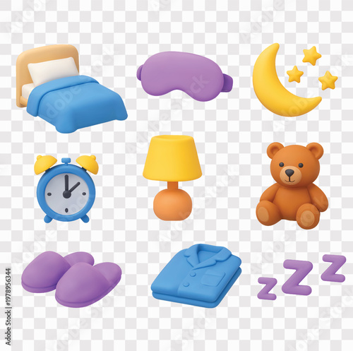 Sleep and Bedtime Routine Vector Icon Set | 3D icon set | comfortable bed, sleep mask, crescent moon with stars, alarm clock, bedside lamp, teddy bear, slippers, pajama set,  ZZZ sleep symbols