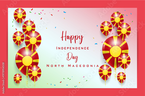 High quality 3D balloon flag card for North Macedonia Independence Day, with bold national colors and festive elements, ideal for patriotic celebrations, events and promotional use.