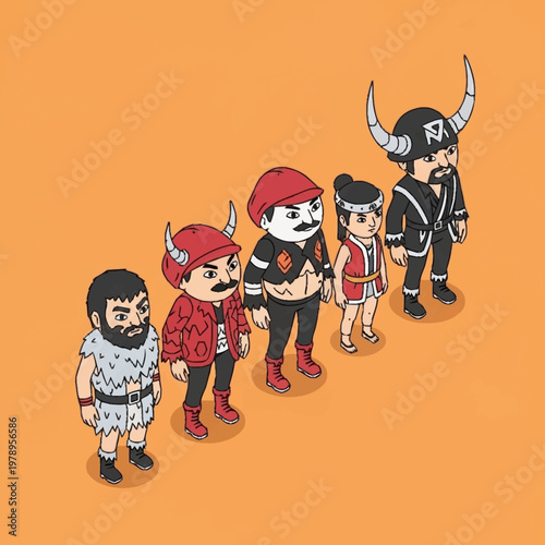 Cartoon characters in various costumes standing together.