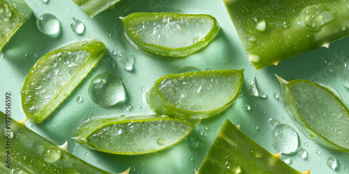 Fresh aloe vera leaf slice revealing inner gel with water droplets. Natural hydration and skincare concept. Organic plant ingredient for beauty and wellness applications.